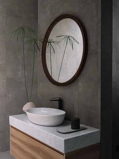 A simple yet elegant guest bathroom vanity. The oval mirror and wooden counter are set against a grey tiled wall, with a single plant adding a touch of life and color.