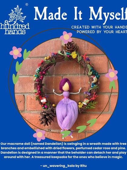 This winning piece features a macrame doll named Dandelion swinging in a wreath made of tree branches and dried flowers.