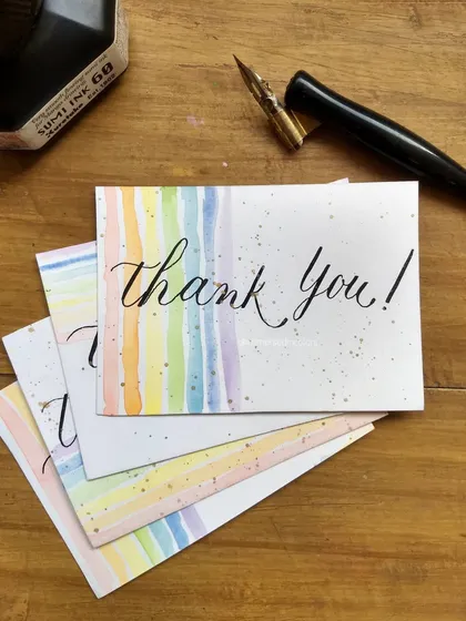 These minimalist thank you cards were created with a Pride theme, using simple watercolor stripes and classic black calligraphy. It shows how even a simple design can be personalized and meaningful. I can create custom thank you notes for any occasion, big or small.