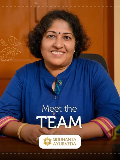 This is a portrait of myself, Dr. S B Sowmya. As an experienced Ayurvedic consultant and professor, my goal is to listen compassionately and apply my knowledge in Kayachikitsa to help you find lasting relief from your health concerns.
