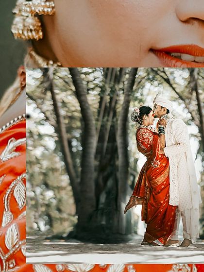 An artistic collage blending a full-length wedding portrait with close-up details of the bride's jewelry and expression.
