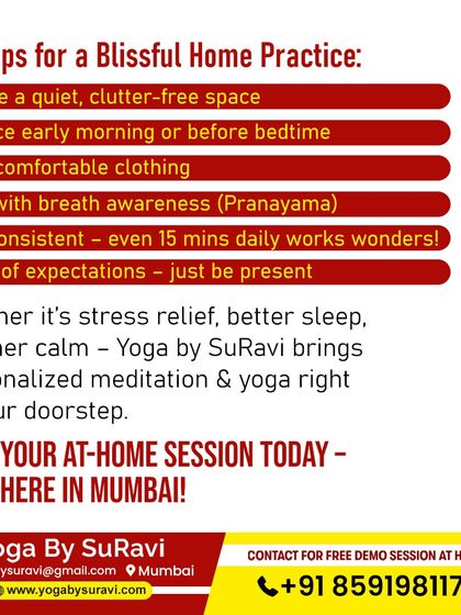 We offer top tips for a blissful home practice, from choosing a quiet space to focusing on breath awareness. Our personalized meditation and yoga sessions are available anywhere in Mumbai.