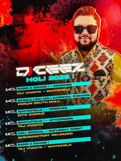 My official Holi 2025 schedule, showing back-to-back performances at amazing venues like Taj Vivanta, Forum South Mall, and Sugarfactory.
