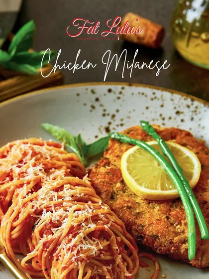 My Chicken Milanese is served with a side of spaghetti in a rich tomato sauce. It's a complete and satisfying meal that combines crispy and saucy textures.