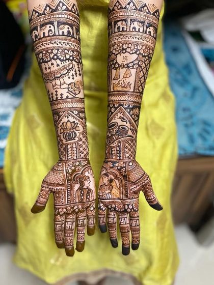 A beautiful example of full-coverage bridal henna with portraits. The design includes swastikas on the fingers and traditional wedding elements on the arms.