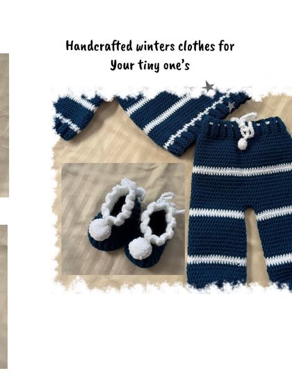 This collage highlights the handcrafted details of the winter clothes for your tiny ones, focusing on the booties and pants from our popular navy set.