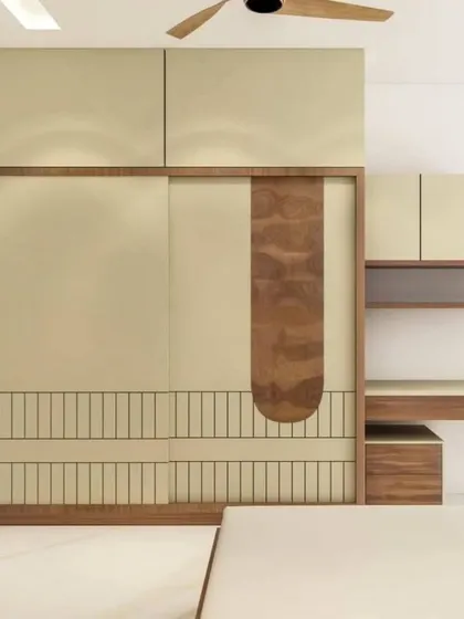 This image shows a custom wardrobe with a unique wood inlay and an integrated study desk, a perfect solution for a compact bedroom.