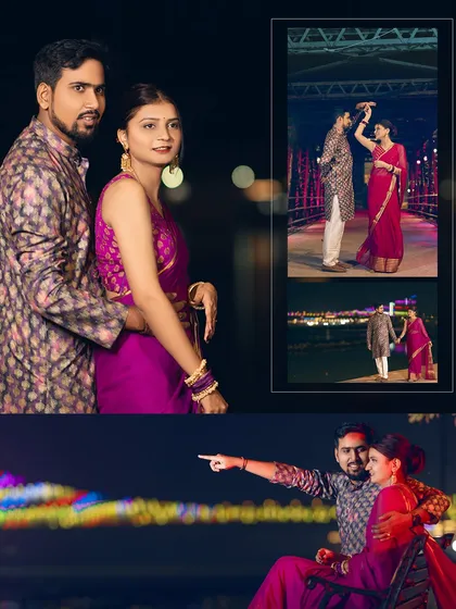 A collage of nighttime moments on the bridge and by the river. The couple, dressed in beautiful ethnic wear, shares playful and romantic glances under the colorful lights.