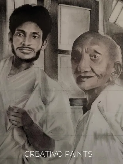 I love bringing old memories back to life. This piece is a detailed charcoal sketch I created from a client's cherished old photograph, preserving a precious moment in a timeless black and white portrait.