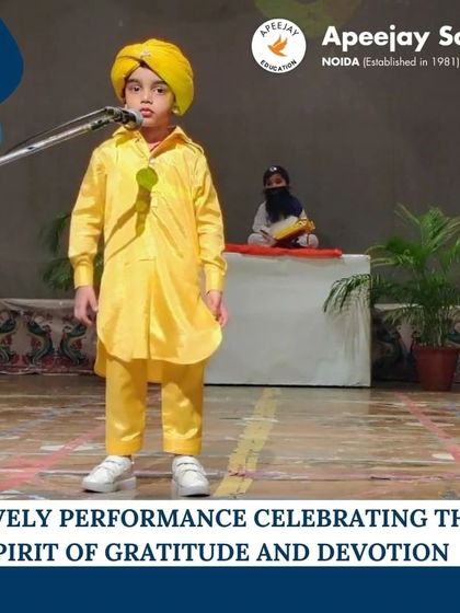 A young student in a bright yellow turban delivers a lively performance celebrating the spirit of gratitude and devotion during our Guru Nanak Jayanti celebrations. His confidence and expression were truly commendable.