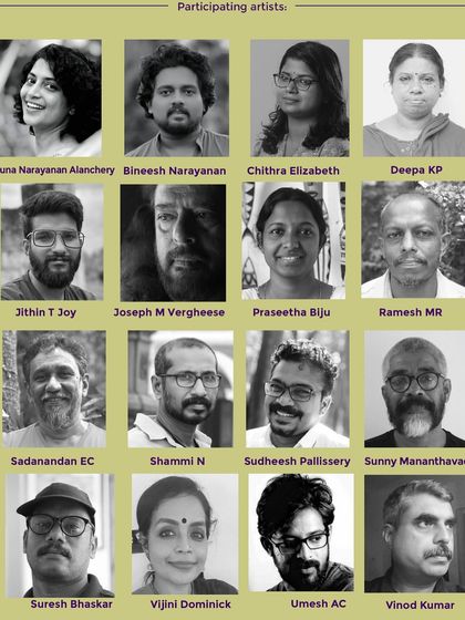 A collage of the 16 participating artists from the "Wild Whispers 2.0" exhibition, celebrating the creative minds from the Wayanad Art Cloud.
