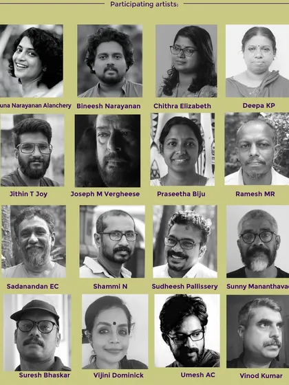 A collage of the 16 participating artists from the "Wild Whispers 2.0" exhibition, celebrating the creative minds from the Wayanad Art Cloud.