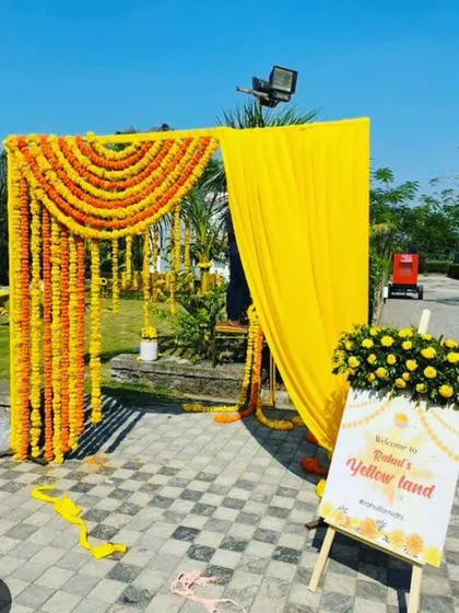 An outdoor Haldi function entrance, which we called "Welcome to Yellow Land." The setup features a simple frame decorated with fresh marigold garlands and a yellow curtain, perfect for a garden or lawn event.