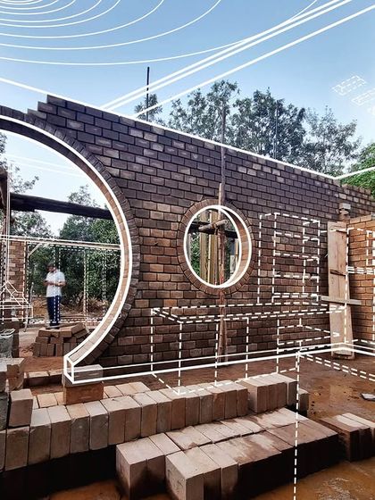 A visualization overlayed on a construction photo of project 'FM-177'. This shows how the initial design intent, with its circular openings and brick walls, is translated into reality on site.
