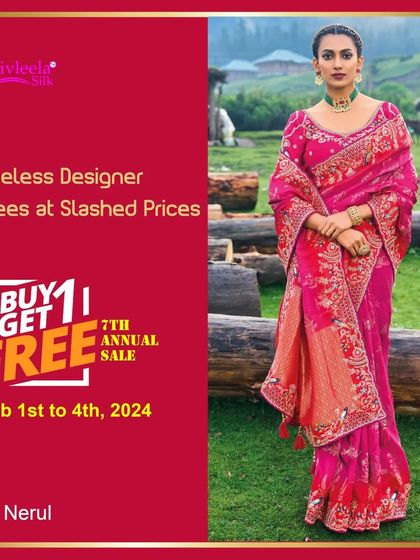 This graphic from my 7th annual sale features a model in a vibrant pink designer saree. My sales are the perfect time to find timeless pieces at slashed prices.
