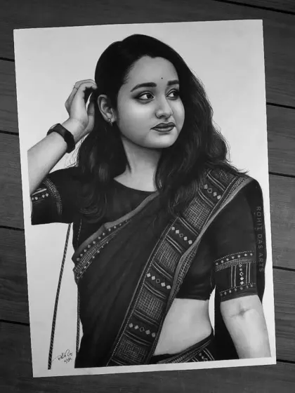 This is a completed commission piece, drawn with graphite and charcoal. I focus on capturing the fine details, from the expression to the intricate patterns of the saree, to create a portrait that feels truly alive.