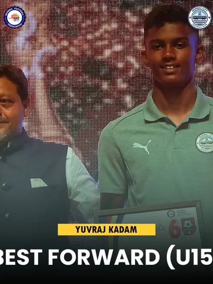 Yuvraj Kadam receiving his award for Best Forward in the U15 category at the YPL 2023-24 Awards.