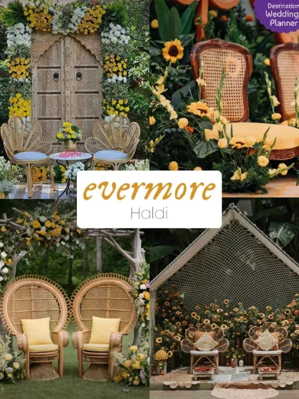 A collage of Haldi decor ideas inspired by Taylor Swift's 'evermore' album. This showcases a rustic, earthy theme with sunflowers, wicker furniture, and lots of greenery.