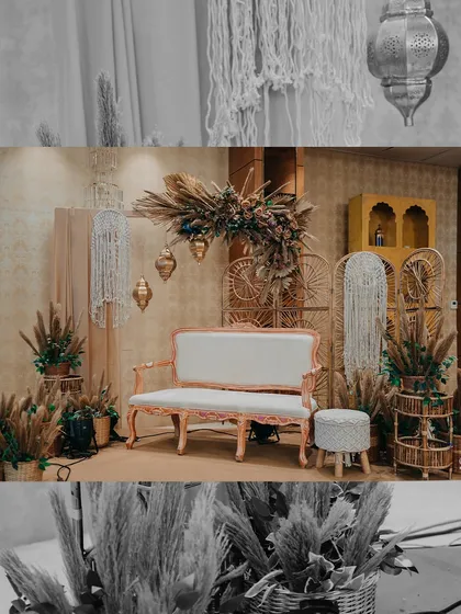 The decor for a Sufi night, featuring a blend of rustic and elegant elements. Macrame hangings, pampas grass, and Moroccan lanterns create a warm, inviting, and thematically perfect atmosphere.
