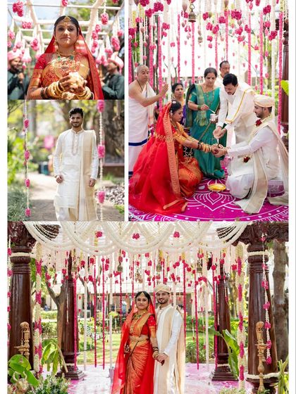 A collage capturing the essence of a beautiful Sati Kalyana. From the bride's entry to the couple's portraits, you can see how the traditional decor, with its rich flowers and textures, enhances every moment of the wedding day.