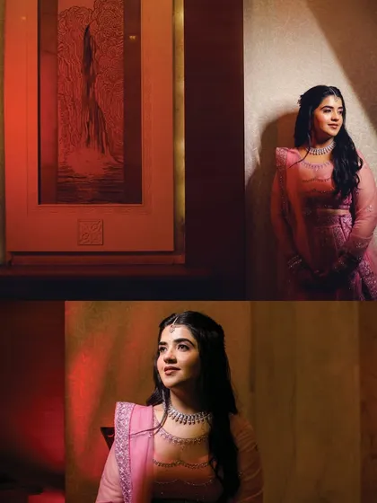 A collage of a bride in a lovely pink lehenga. The portraits are taken with soft, dramatic lighting, creating an elegant and romantic mood.