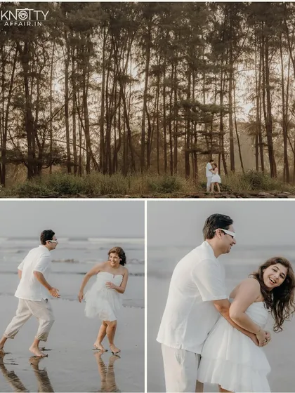 A collage showing the contrast between a wide, scenic shot in the coastal forest and fun, candid moments of the couple playing in the waves.
