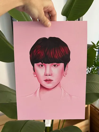 A portrait of Min Yoongi (Suga) from BTS, continuing the monochromatic series. The challenge is to create depth and realism using only shades of one color.