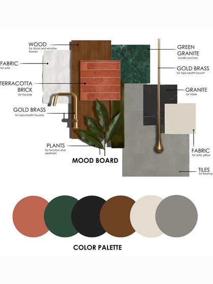 A flat lay of a material and color palette. This mood board shows our selection of terracotta brick, green and black granite, gold brass, and warm wood, which together create our signature earthy and luxurious aesthetic.