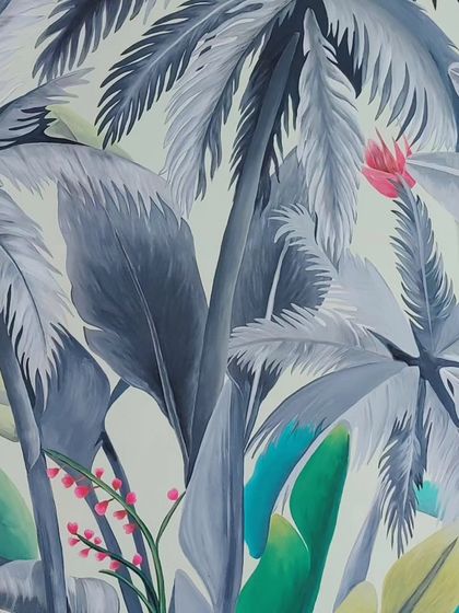 Detail of the palm trees and flowers in the Coimbatore mural, rendered in a sophisticated, muted palette.