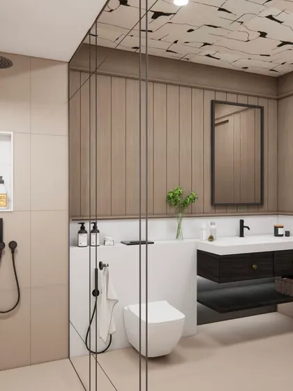 A bathroom can be a modern retreat. In this 3D visualization, I explored the balance of a warm, calm canvas with unapologetically bold details. Matte black fixtures provide a sculptural edge against soft beige tiles and a dramatic floating vanity, showing clients the vision before we build.