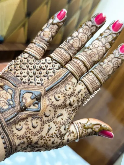 A close-up of the detailed finger work and central motif. This design is perfect for someone who loves intricate patterns without full-hand coverage.