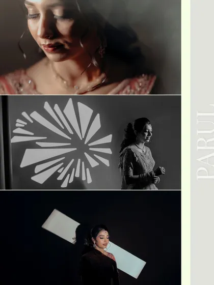 A creative collage of the bride, Parul, using dramatic lighting and shadows. These artistic portraits highlight her beauty and the mood of the evening.