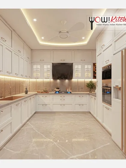 A full view of the spacious U-shaped classic kitchen, demonstrating how this layout provides an abundance of counter space and storage for a busy family.
