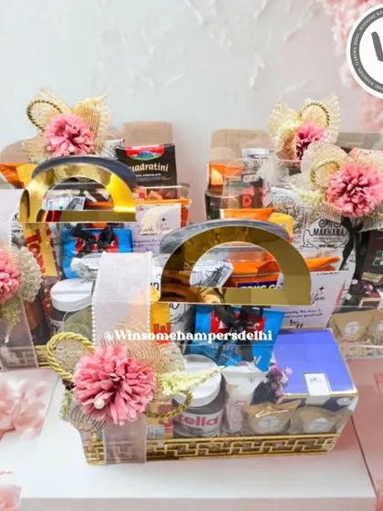 Multiple wedding hampers ready for delivery. I ensure every hamper, whether for the couple or for guests, maintains the same level of quality and beautiful presentation.
