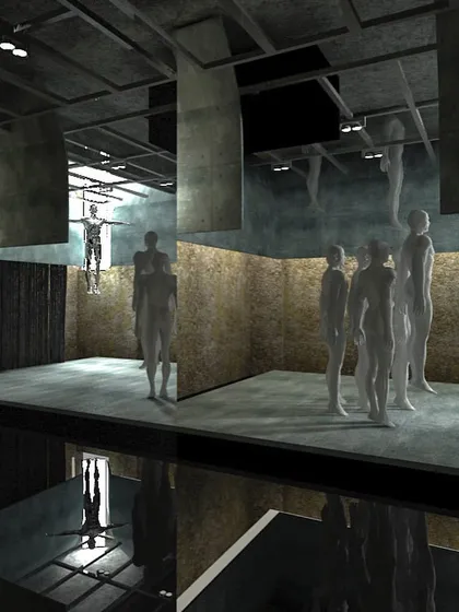 An early digital rendering of the Gaurav Gupta store concept. This visualization was a key part of the design process, used to study the spatial relationships between the mirrored surfaces, concrete forms, and the placement of mannequins.