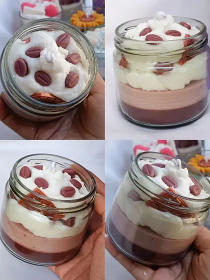 A collage showing multiple angles of the layered coffee dessert candle in a jar.