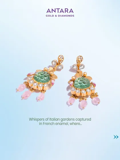 These earrings are like whispers of Italian gardens. I used French enamel, cabochon-carved green aventurine, pink morganite, and jade gemstones to create a masterpiece that blooms with elegance.