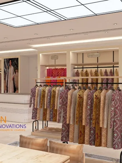 This angle showcases the customer flow and zoned displays within the TASVA store. We incorporated comfortable seating areas and placed footwear and accessory sections strategically to encourage browsing and complete the shopping experience.