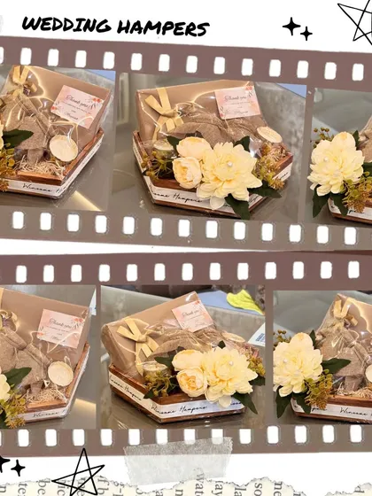 A collage showcasing the details of a rustic wedding hamper. The sola wood flowers and jute details give it a charming and elegant feel, perfect for a modern wedding.