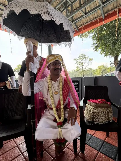 My brother during his wedding ceremony, dressed in the traditional Kodava groom's attire. It was a beautiful celebration of our heritage.