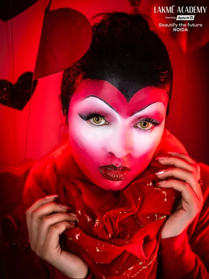 A close-up of the Valentine's fantasy makeup. The sharp lines and bold colors create a striking and memorable look, perfect for a creative portfolio.