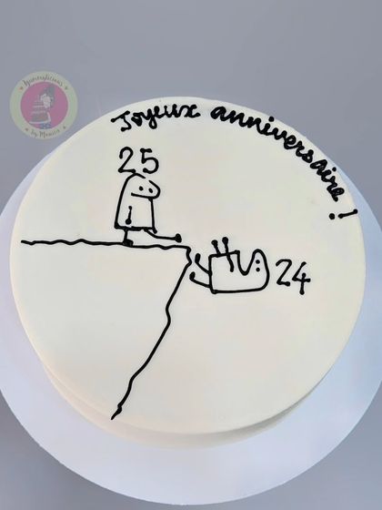 A funny doodle cake showing one stick figure pushing another off a cliff, marking the transition from age 24 to 25.