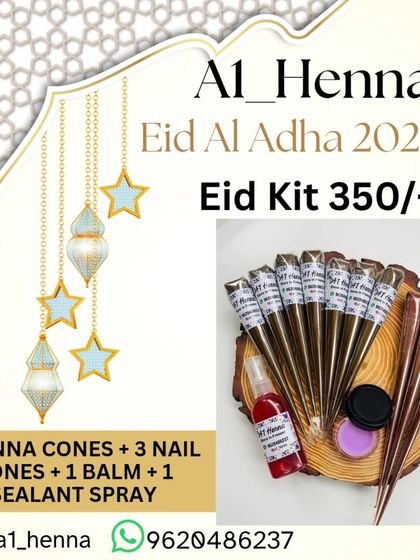 The perfect Eid Kit for a small gathering, this set includes 7 henna cones, 3 nail cones, and my aftercare balm and sealant spray.