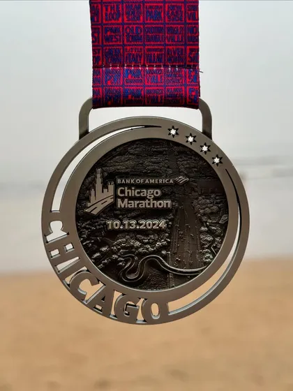 The finisher medal from the Bank of America Chicago Marathon. Another World Major ticked off the list for our Be Fit family.