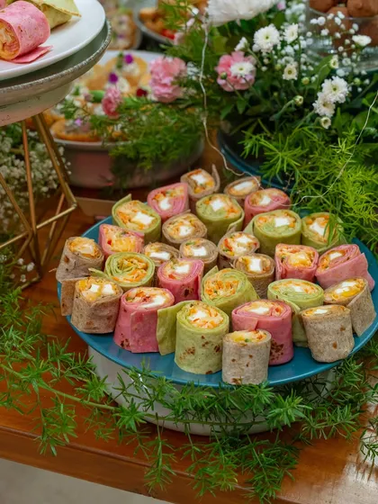 Colorful pinwheel wraps filled with fresh vegetables and cheese. This vibrant platter adds a playful and delicious touch to any event, showcasing our versatility.