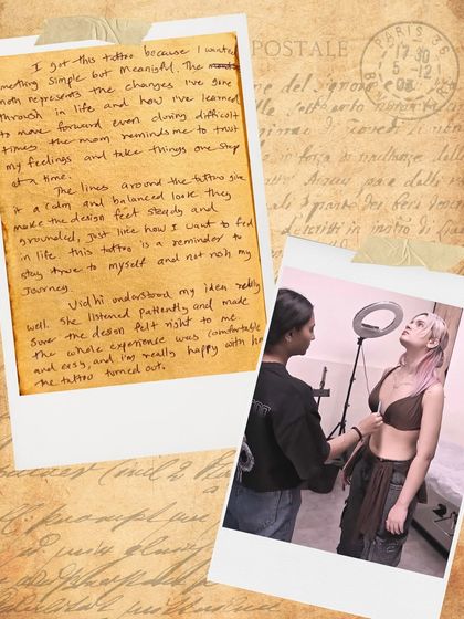 Soumya's handwritten story about her moth tattoo, representing personal change, trusting her feelings, and staying grounded.