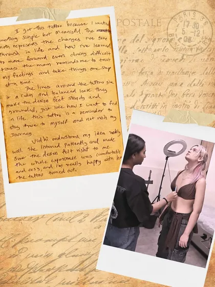 Soumya's handwritten story about her moth tattoo, representing personal change, trusting her feelings, and staying grounded.