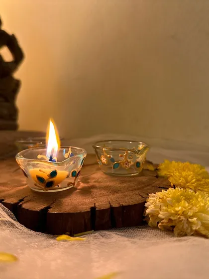 Another shot of the delicate, hand-painted glass diyas, perfect for the festival of lights.