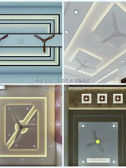 A collection of viral false ceiling designs for living rooms, all featuring stylish and modern ways to incorporate fans.