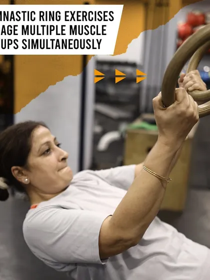 Ring rows are a perfect example of how gymnastic ring exercises engage multiple muscle groups. This is a great scaling option for pull-ups and builds a strong back and solid grip.